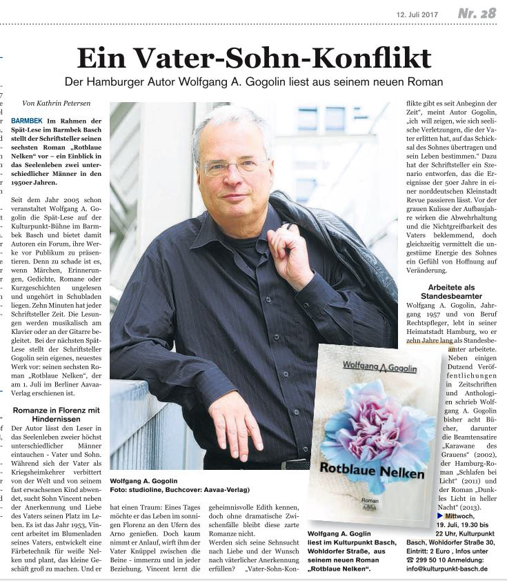 Wolfgang A. Gogolin liest am 19. Juli 2017 im Barmbeker Kulturpunkt aus 'Rotblaue Nelken' /Aavaa-Verlag - Lesungsankündigung aus dem Hamburger Wochenblatt vom 12.7.2017